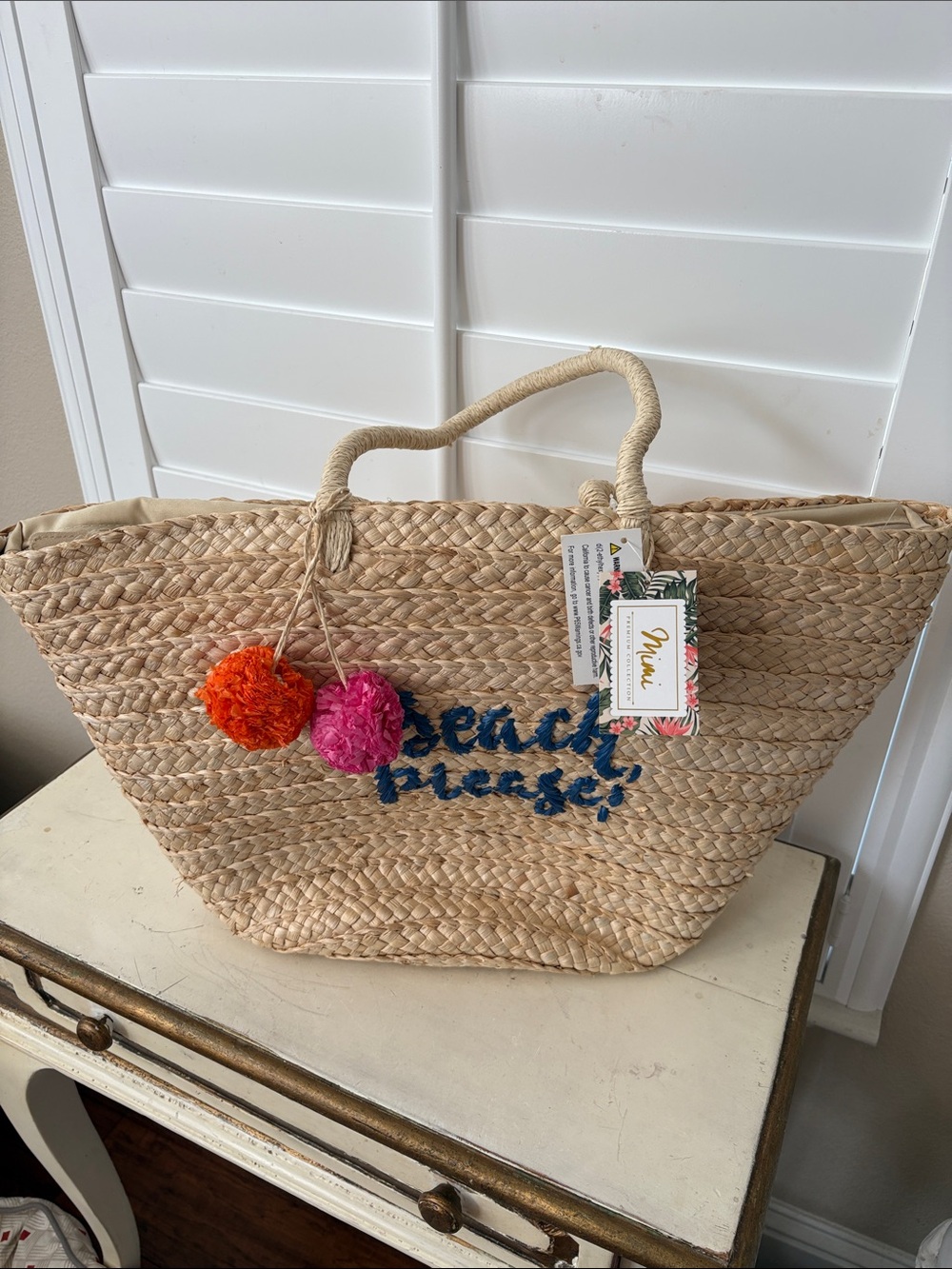 Beach Pieces Straw Tote Bag with Pom Pom Accents